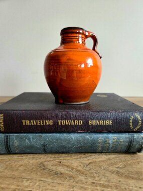 Vintage handmade Orange red bud vase pitcher signed byartist.